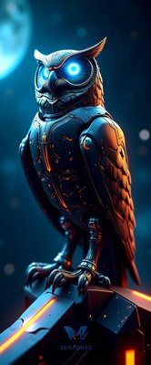 Cyberpunk Mechanical Owl Robot with Glowing Blue Eyes