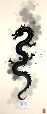 Black Dragon Silhouette on Smoky Gray Watercolor Background