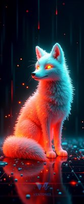 Mystical Neon Fox in Cyberpunk Forest - Glowing Blue Red Fantasy