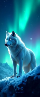 Mystic Arctic Wolf Under Northern Lights Aurora Display