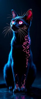 Neon Cyber Cat with Glowing Pink Eyes Digital Art Wallpaper