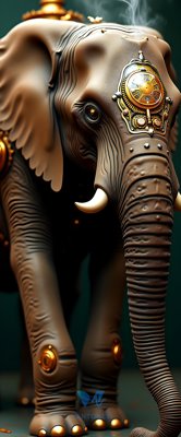 Steampunk Mechanical Elephant with Golden Clock Design
