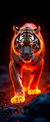 Fire Tiger Glowing Orange Eyes Dark Fantasy Mobile Wallpaper