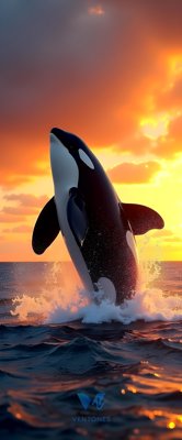 Majestic Orca Breaching at Golden Sunset - Ocean Wildlife Art