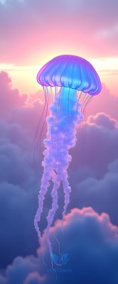 Ethereal Jellyfish Floating in Dreamy Purple Pink Sky Clouds