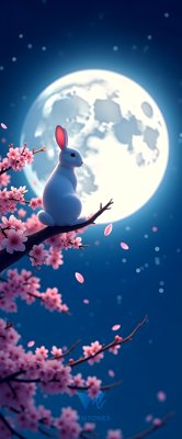 Moonlit Rabbit Cherry Blossom Fantasy Night Scene