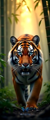 Majestic Tiger with Blue Eyes in Jungle Sunlight Portrait