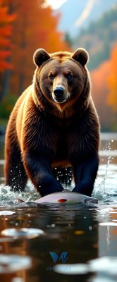 Majestic Brown Bear Fishing in Autumn Forest River Scene