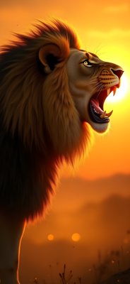 Majestic Lion Roaring at Golden Sunset Mobile Wallpaper