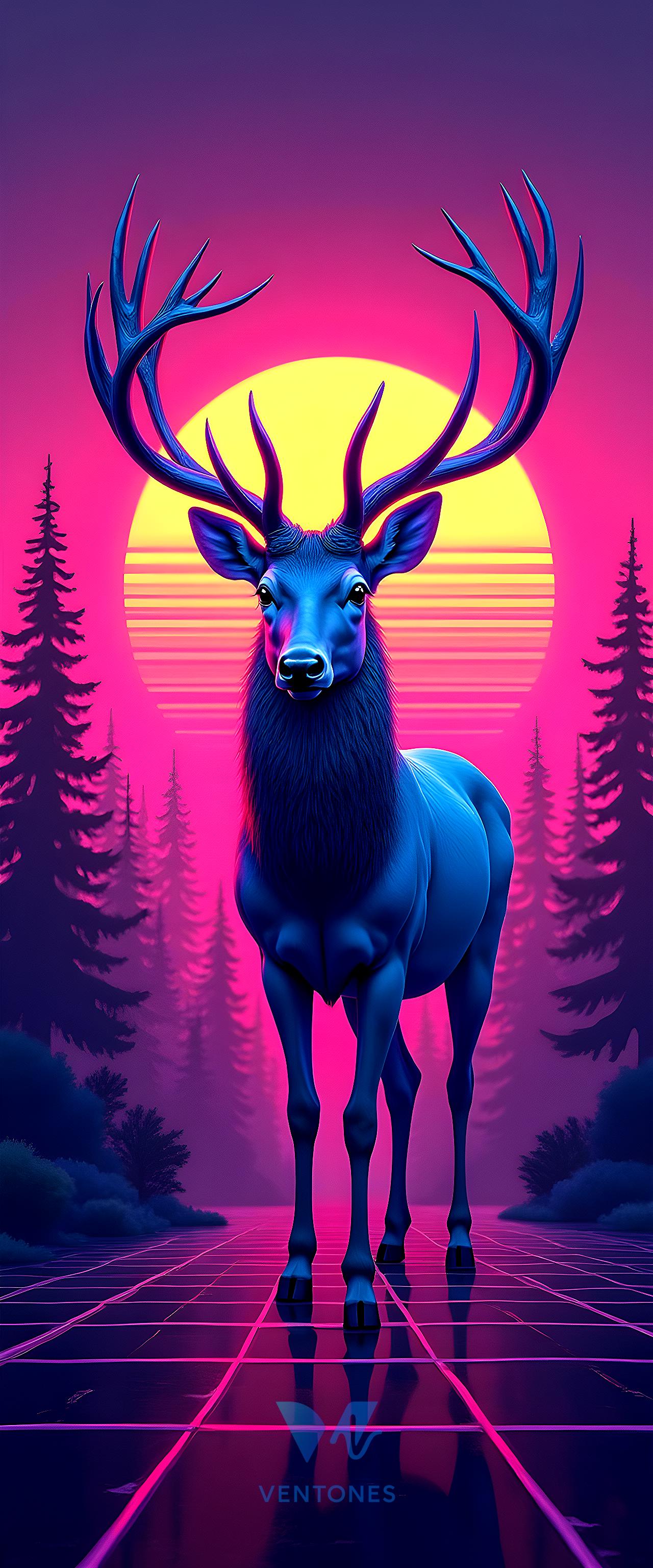 Synthwave Deer Retrowave Neon Purple Pink Aesthetic Wallpaper - AI Generated Wallpaper