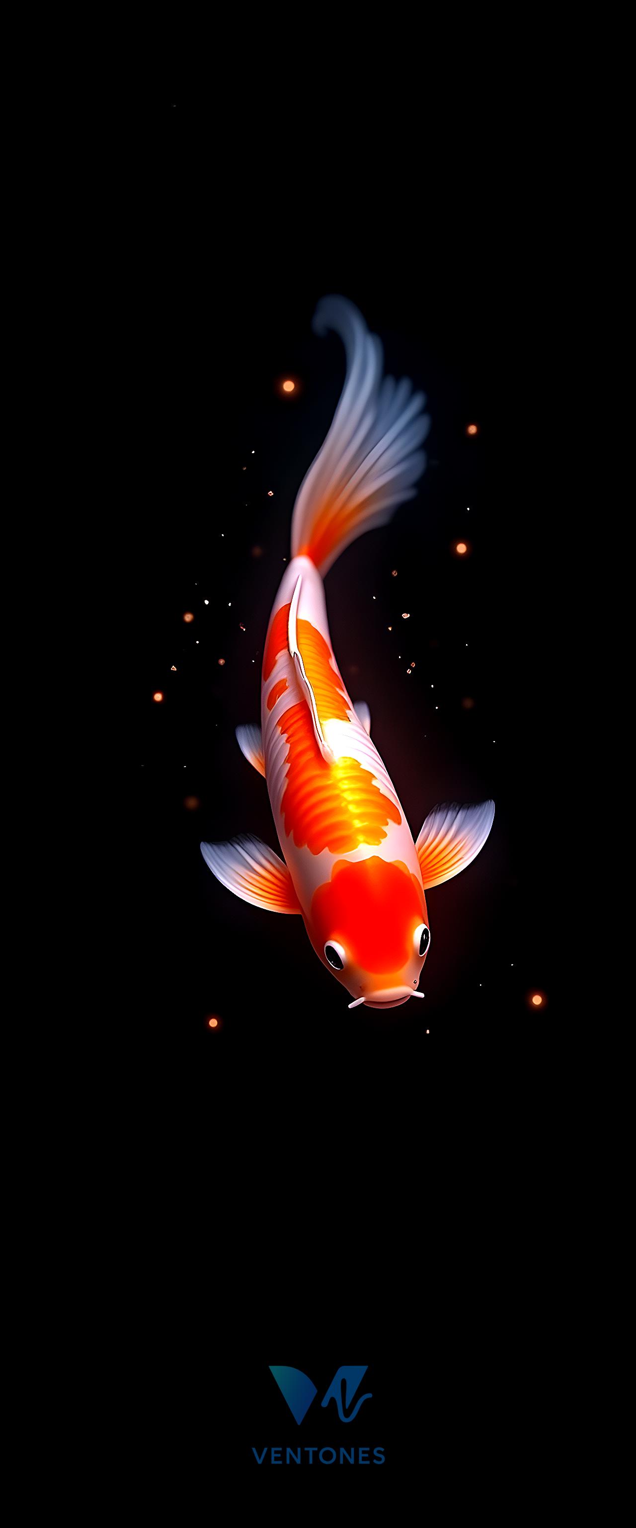 Luminous Orange Koi Fish Swimming in Cosmic Dark Waters - AI Generated Wallpaper