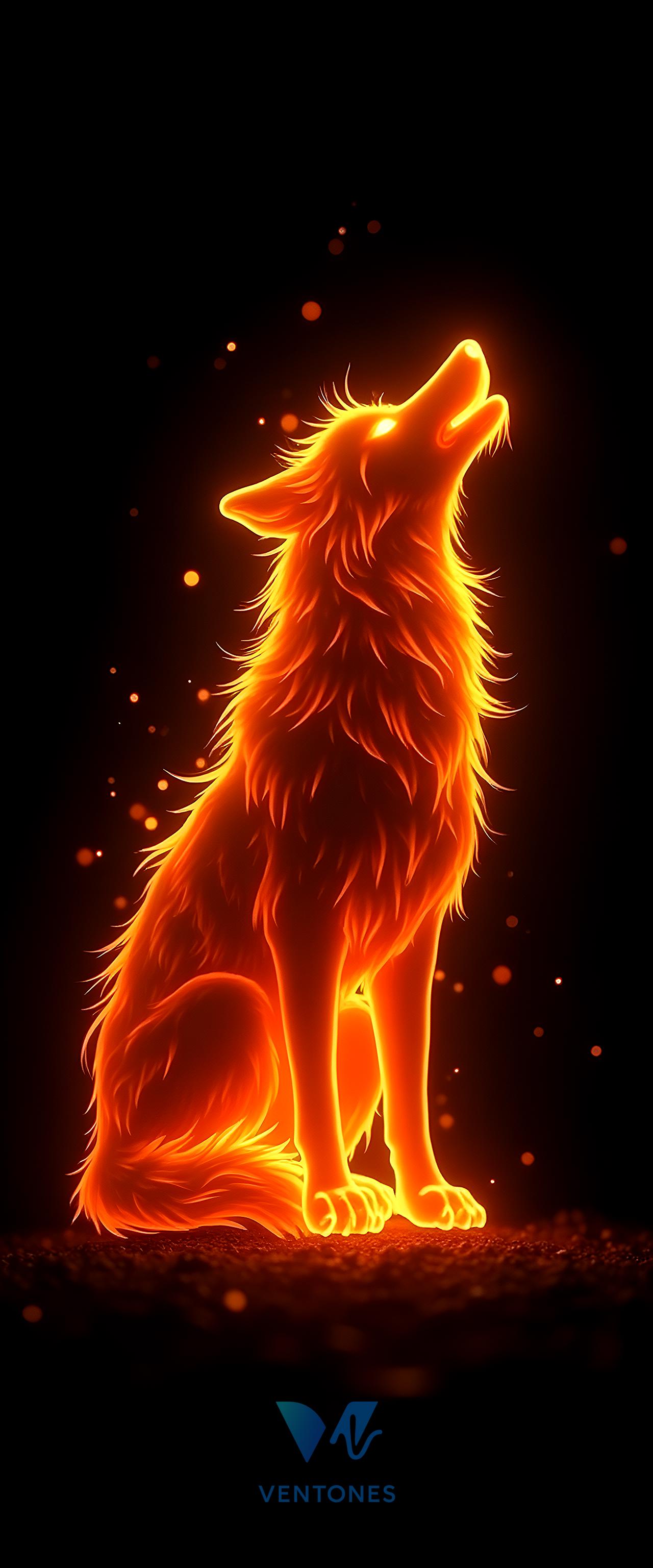 Fiery Wolf Howling - Orange Flame Spirit Digital Art Wallpaper - AI Generated Wallpaper