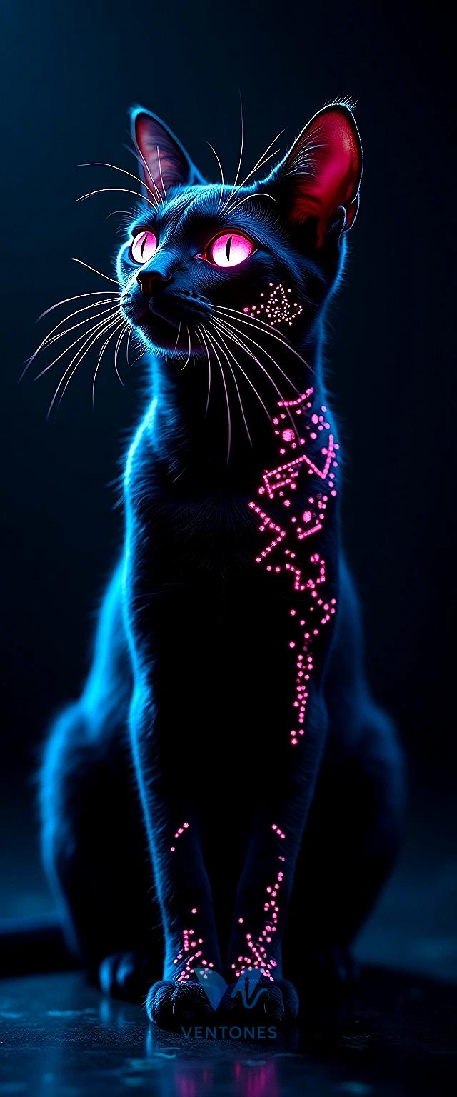 Neon Cyber Cat with Glowing Pink Eyes Digital Art Wallpaper - AI Generated Wallpaper