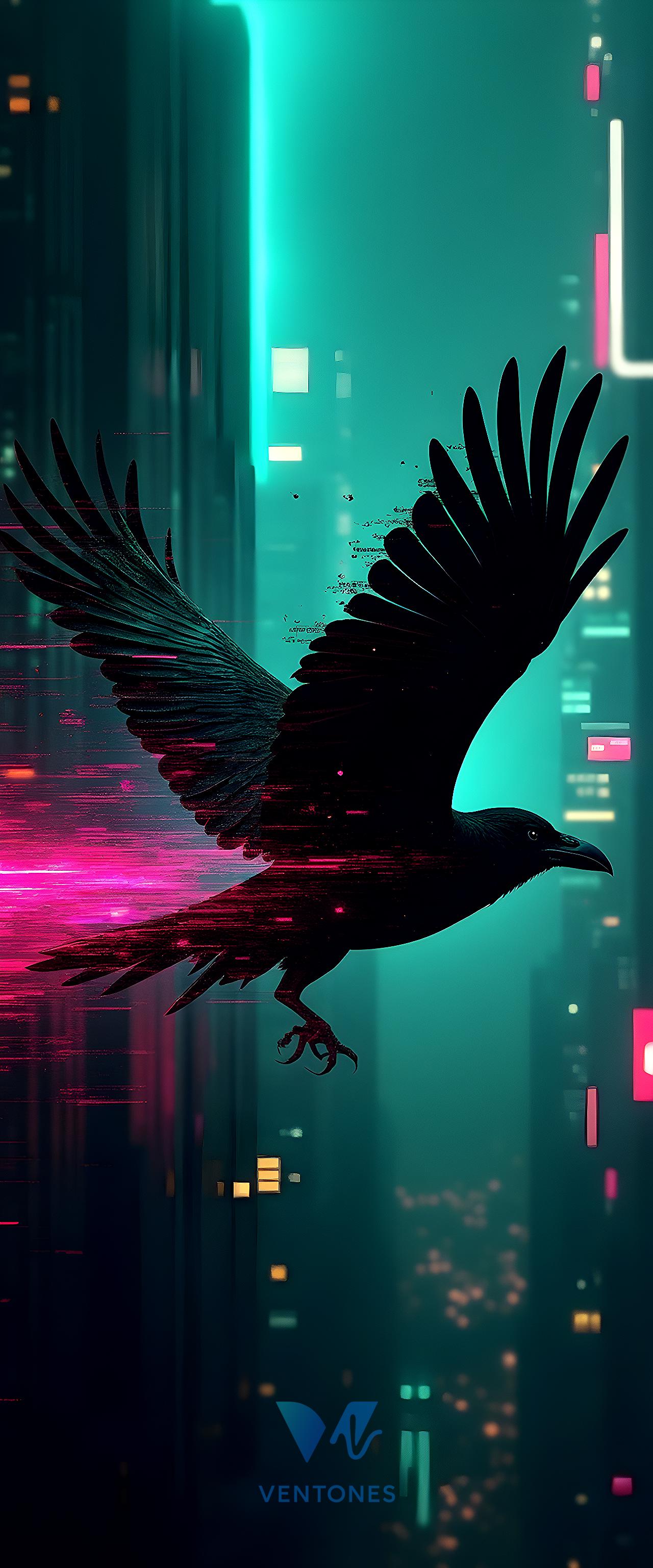 Cyberpunk Raven Flying Through Neon City - Dark Bird Wallpaper - AI Generated Wallpaper