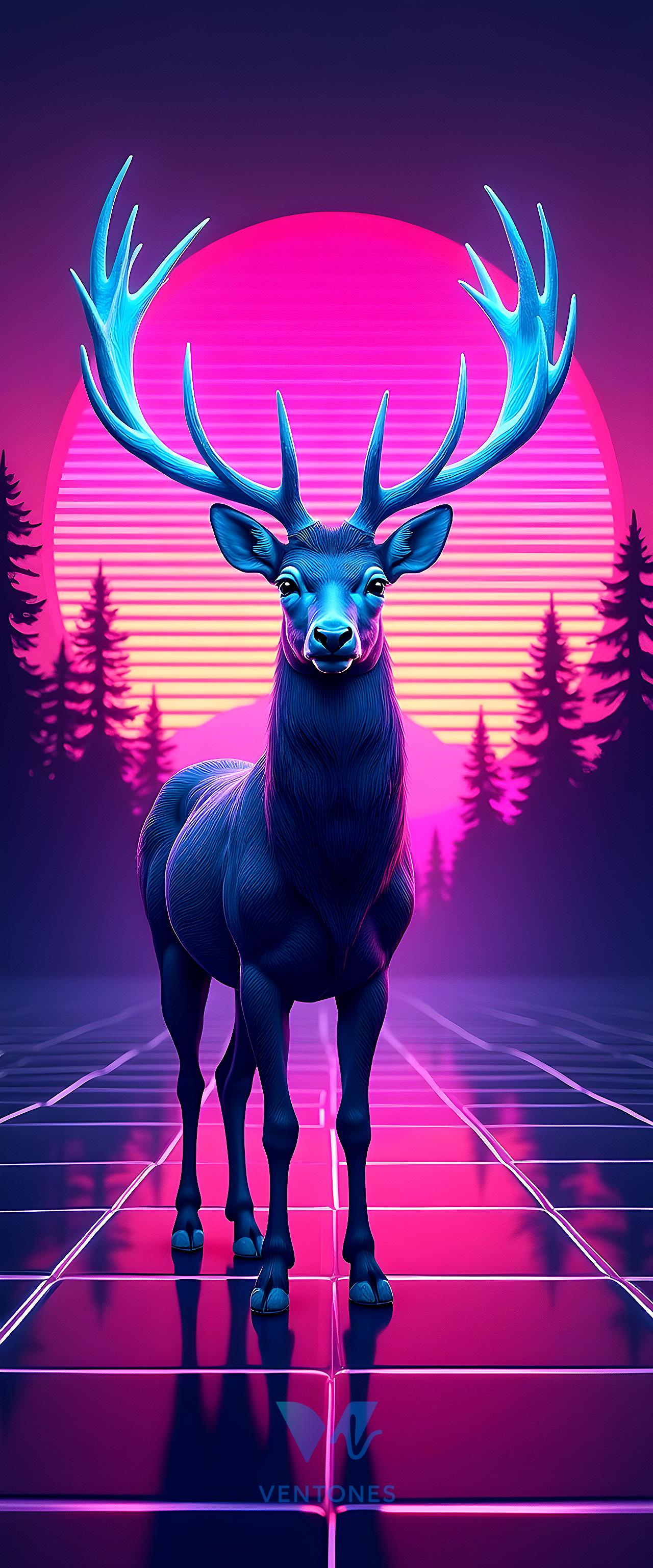 Synthwave Deer Neon Purple Pink Retro 80s Aesthetic Wallpaper - AI Generated Wallpaper