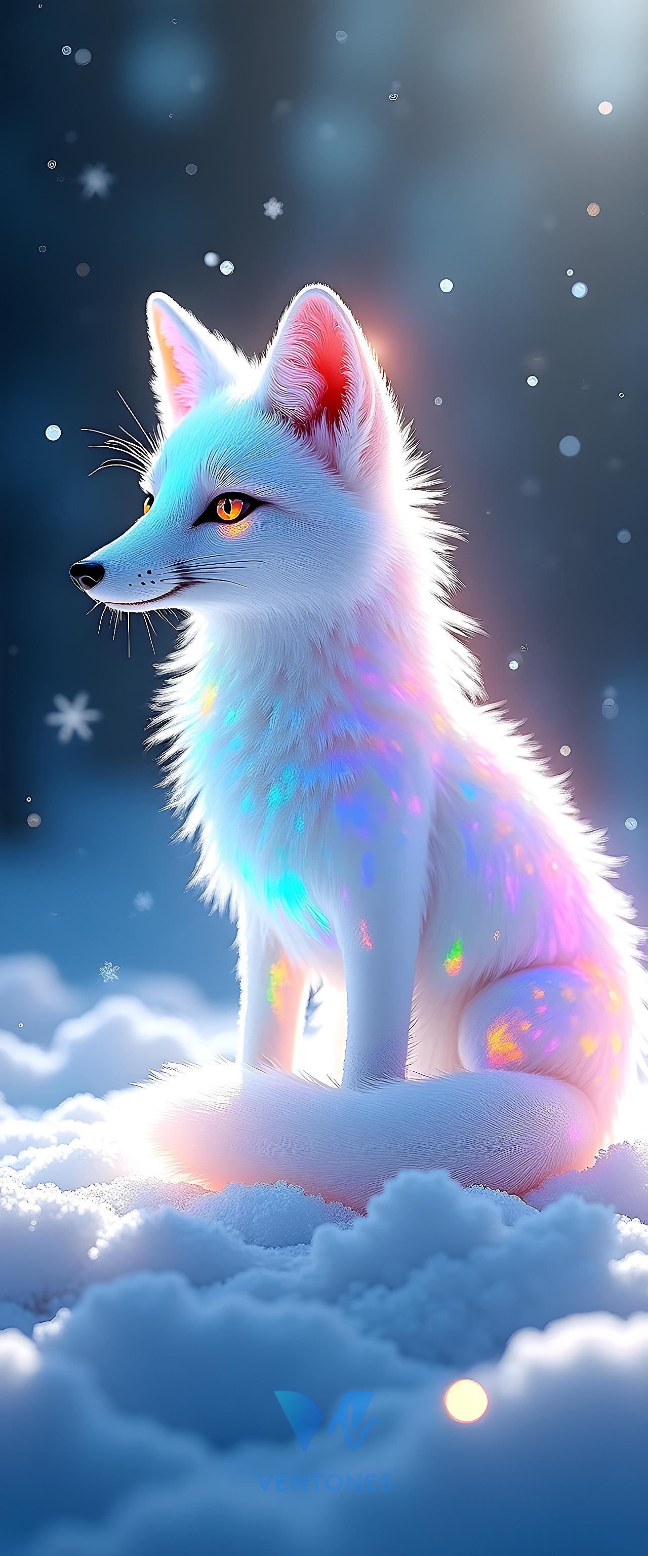 Mystical Arctic Fox in Dreamy Cloud Galaxy with Rainbow Colors - AI Generated Wallpaper