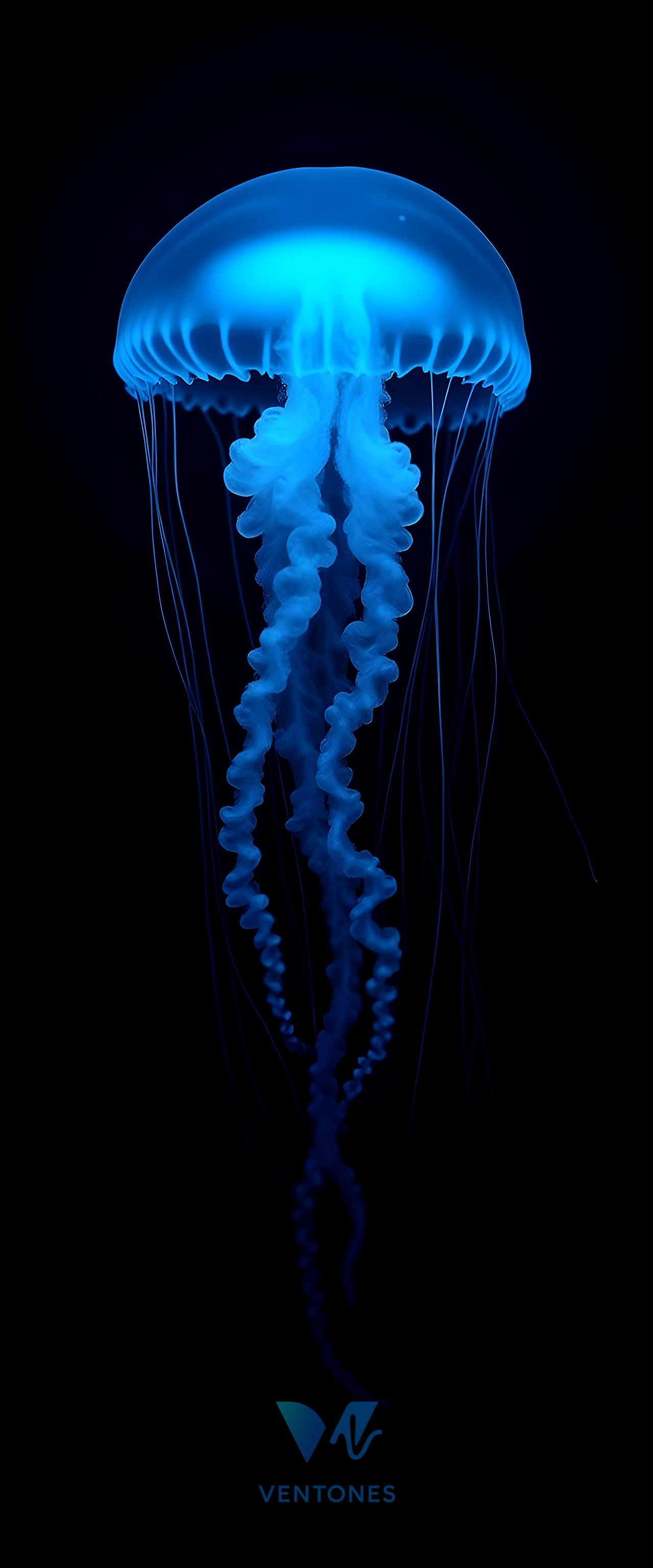 Glowing Blue Jellyfish Dark Ocean Depths Mobile Wallpaper - AI Generated Wallpaper