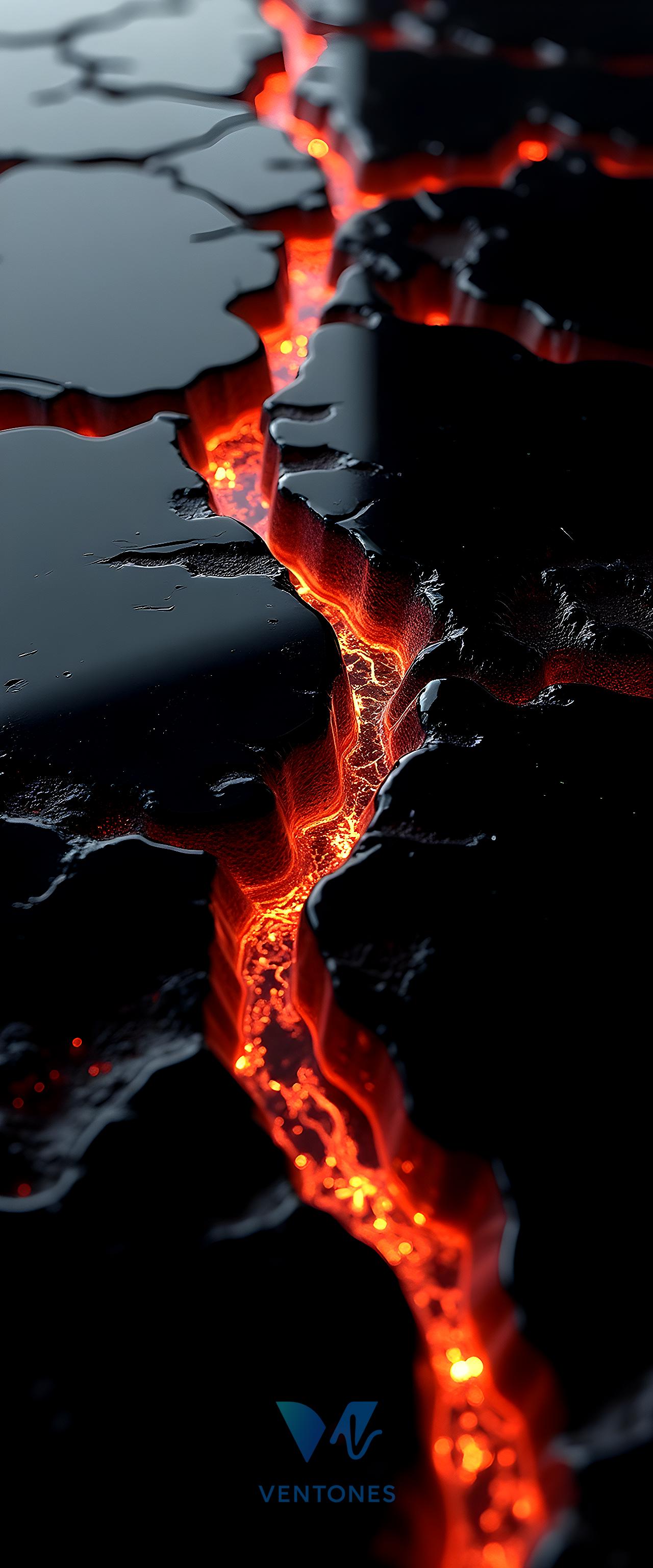 Molten Lava River Through Dark Volcanic Rock Cracks - AI Generated Wallpaper