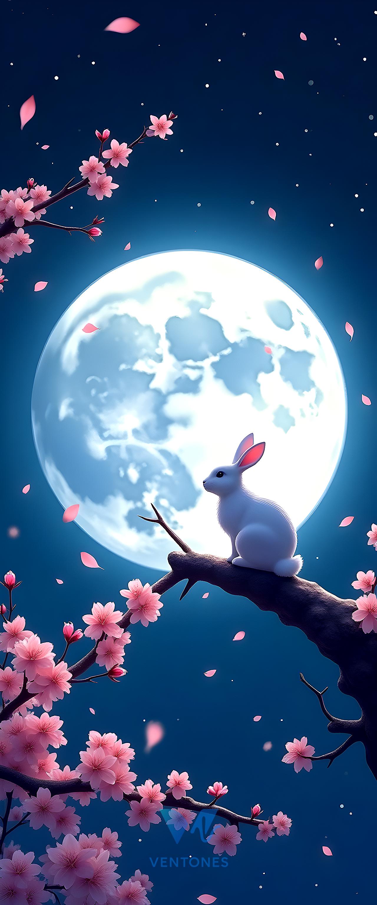 Mystical Rabbit Under Full Moon with Cherry Blossoms Night Sky - AI Generated Wallpaper