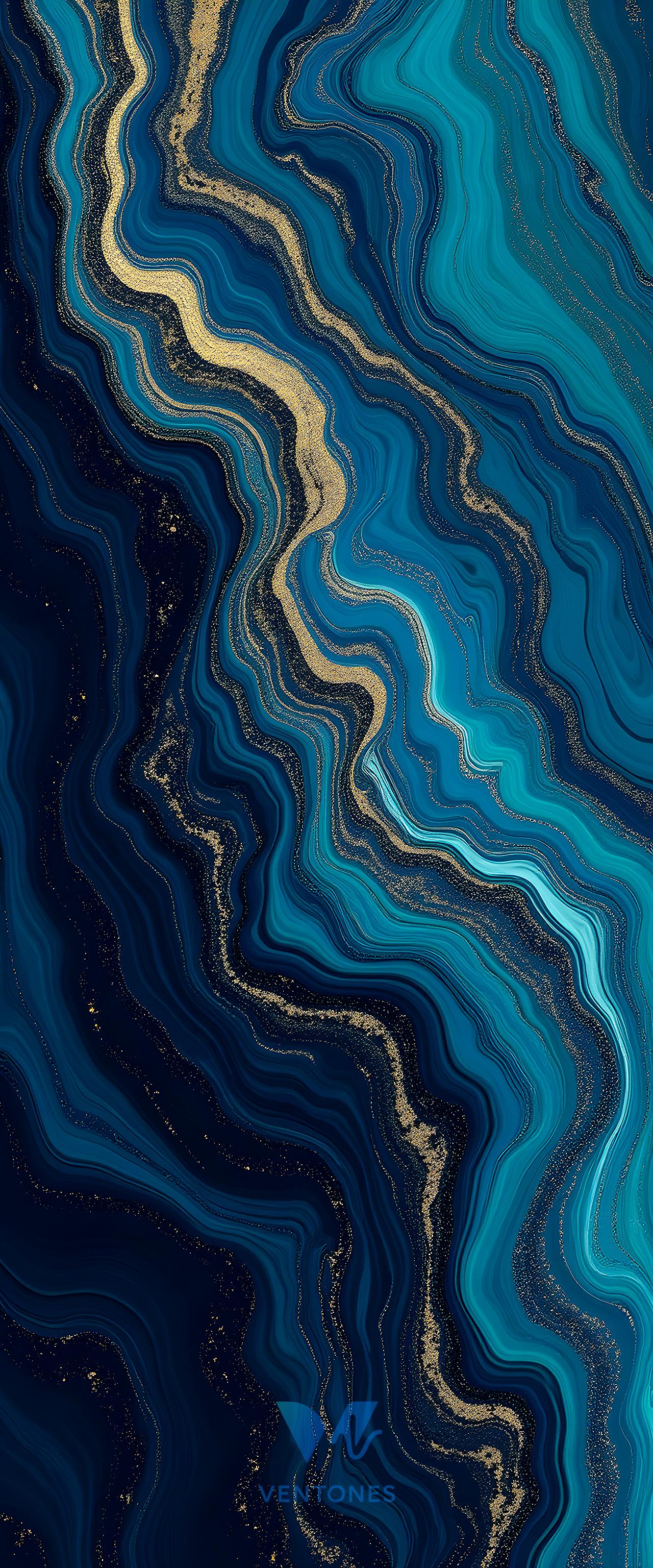 Luxury Blue Ocean Waves Abstract Marble Gold Veins Mobile Wallpaper - AI Generated Wallpaper