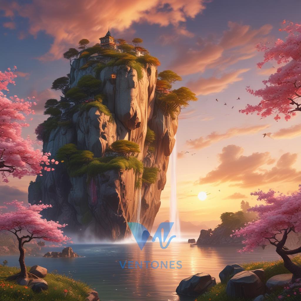 Floating Temple Sky Island Sunset - AI Generated Wallpaper