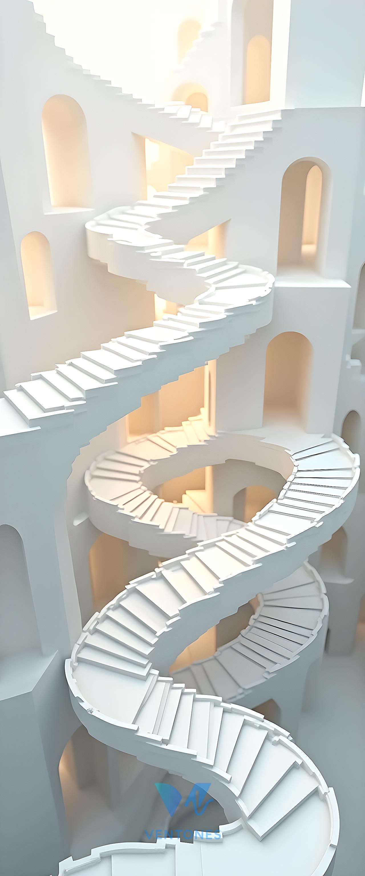 Spiraling White Staircase Architecture 3D Render Mobile Wallpaper - AI Generated Wallpaper