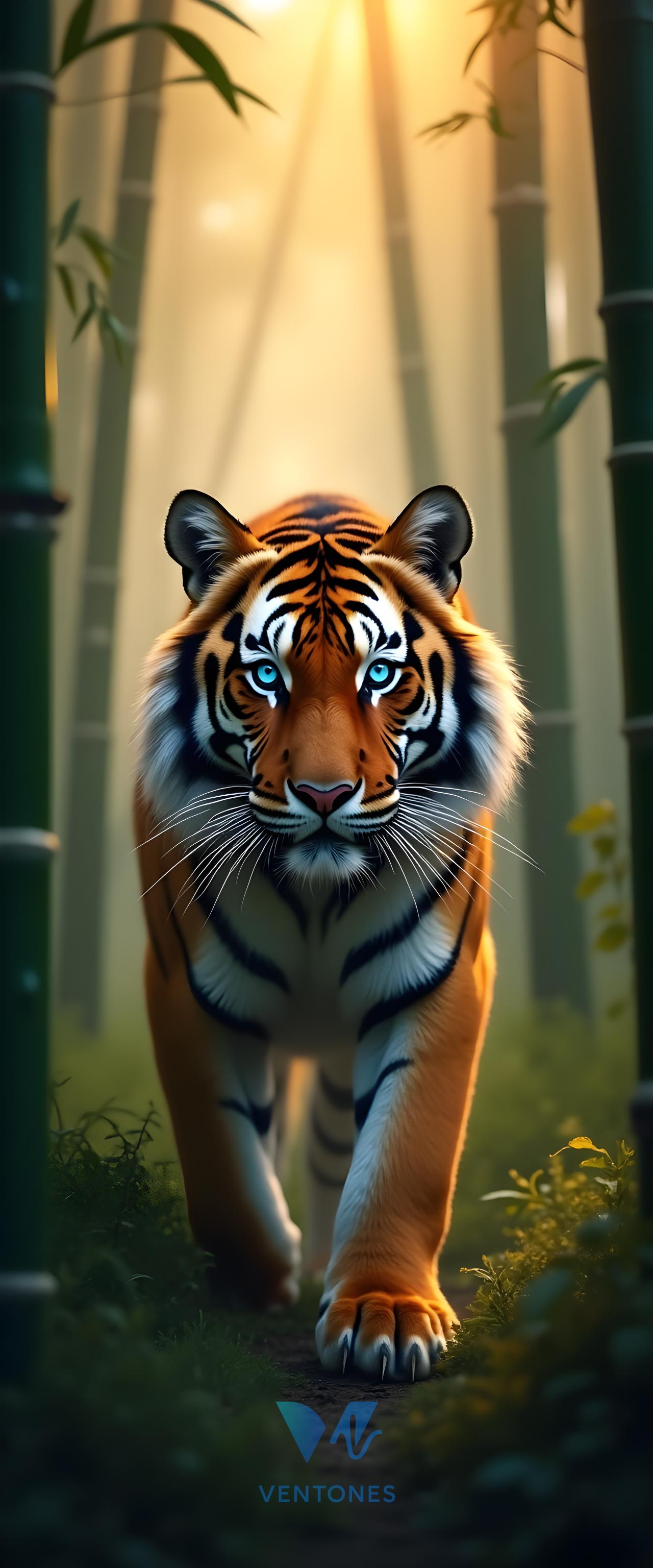 Majestic Tiger with Blue Eyes in Bamboo Forest - 4K Wallpaper - AI Generated Wallpaper
