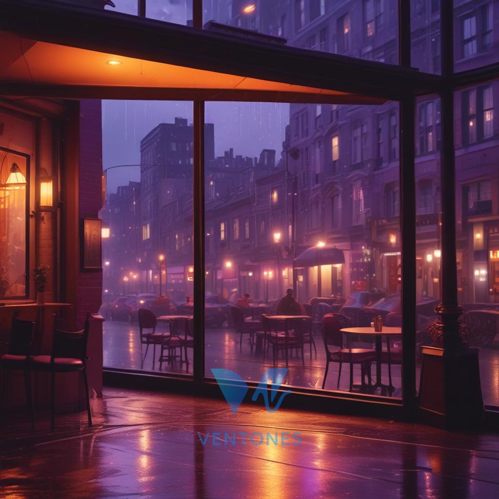 Cozy Cafe Rainy Night Purple City Aesthetic Mobile Wallpaper - AI Generated Wallpaper