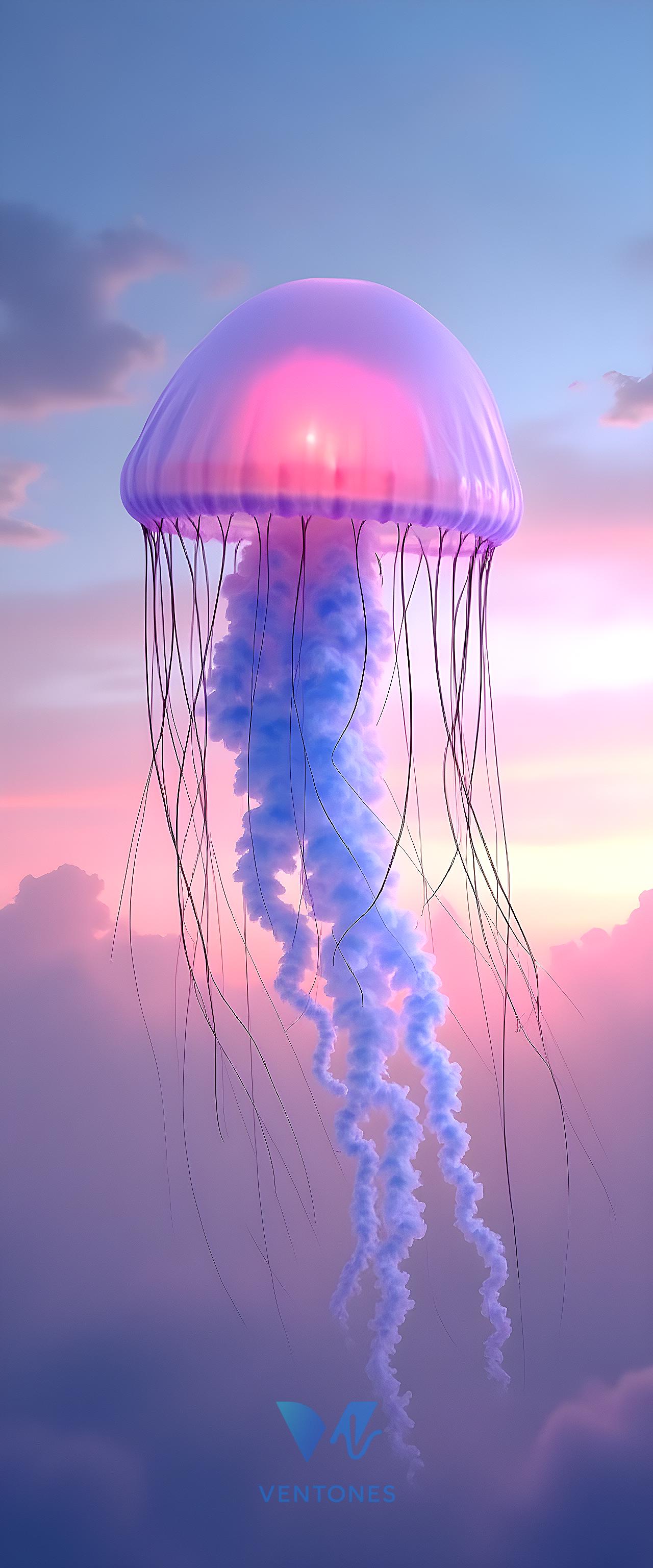 Ethereal Jellyfish Fantasy Art in Purple Pink Sunset Sky - AI Generated Wallpaper