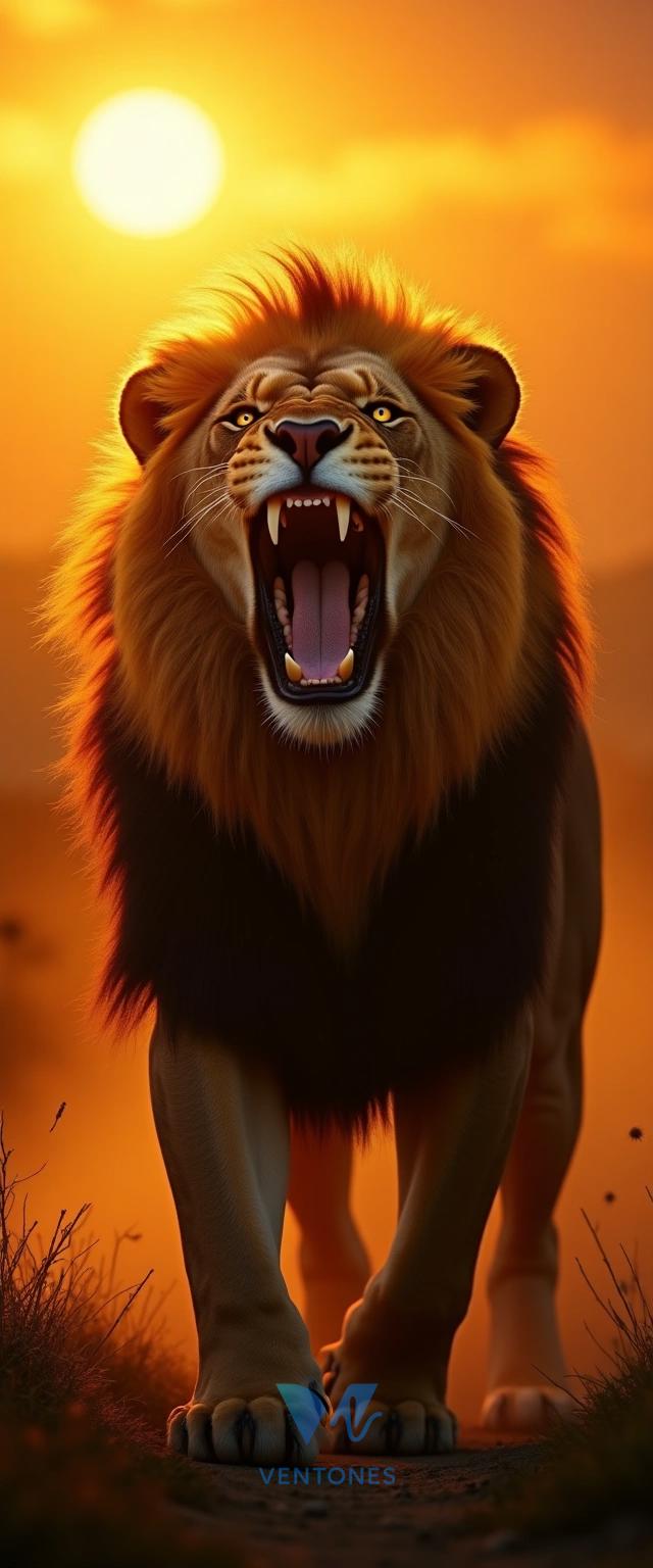 Roaring Lion Golden Sunset Safari Mobile Wallpaper - AI Generated Wallpaper