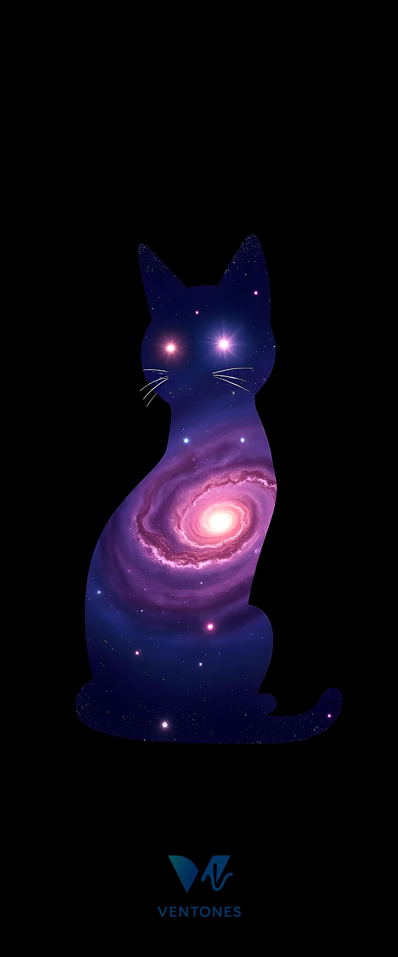 Cosmic Cat Galaxy Silhouette - Purple Space Nebula Mobile Wallpaper - AI Generated Wallpaper