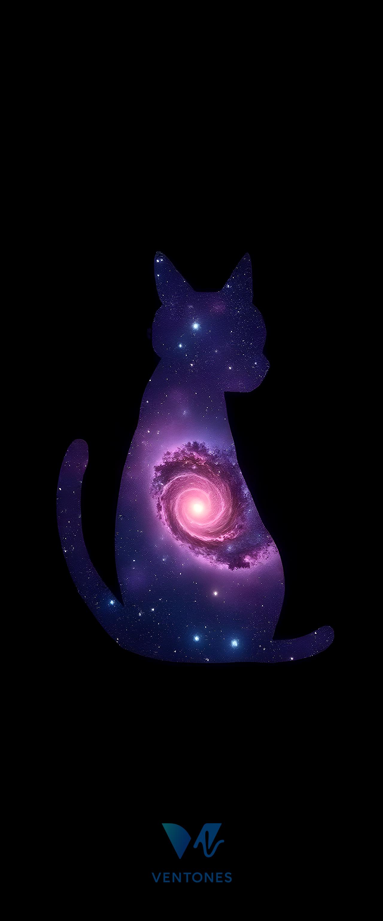 Cosmic Cat Silhouette with Purple Galaxy Spiral Mobile Wallpaper - AI Generated Wallpaper