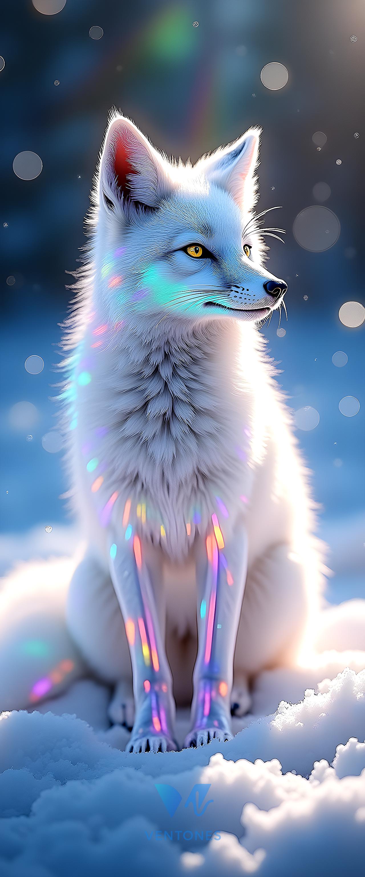 Ethereal Arctic Fox with Rainbow Prism Effects in Snow - AI Generated Wallpaper