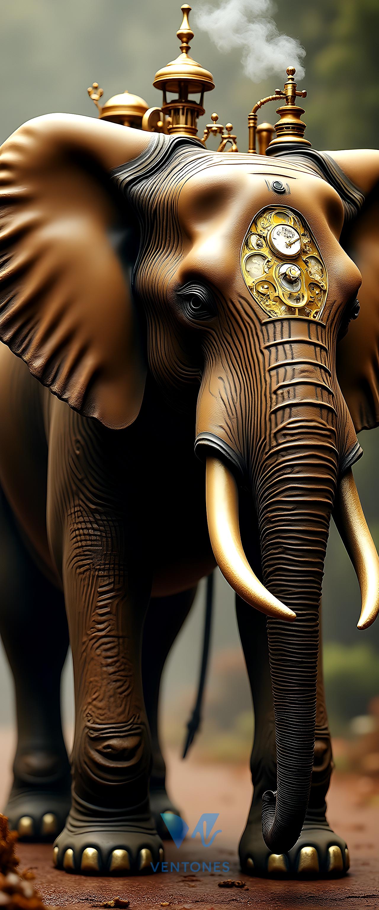 Steampunk Mechanical Elephant with Golden Clockwork Details - AI Generated Wallpaper