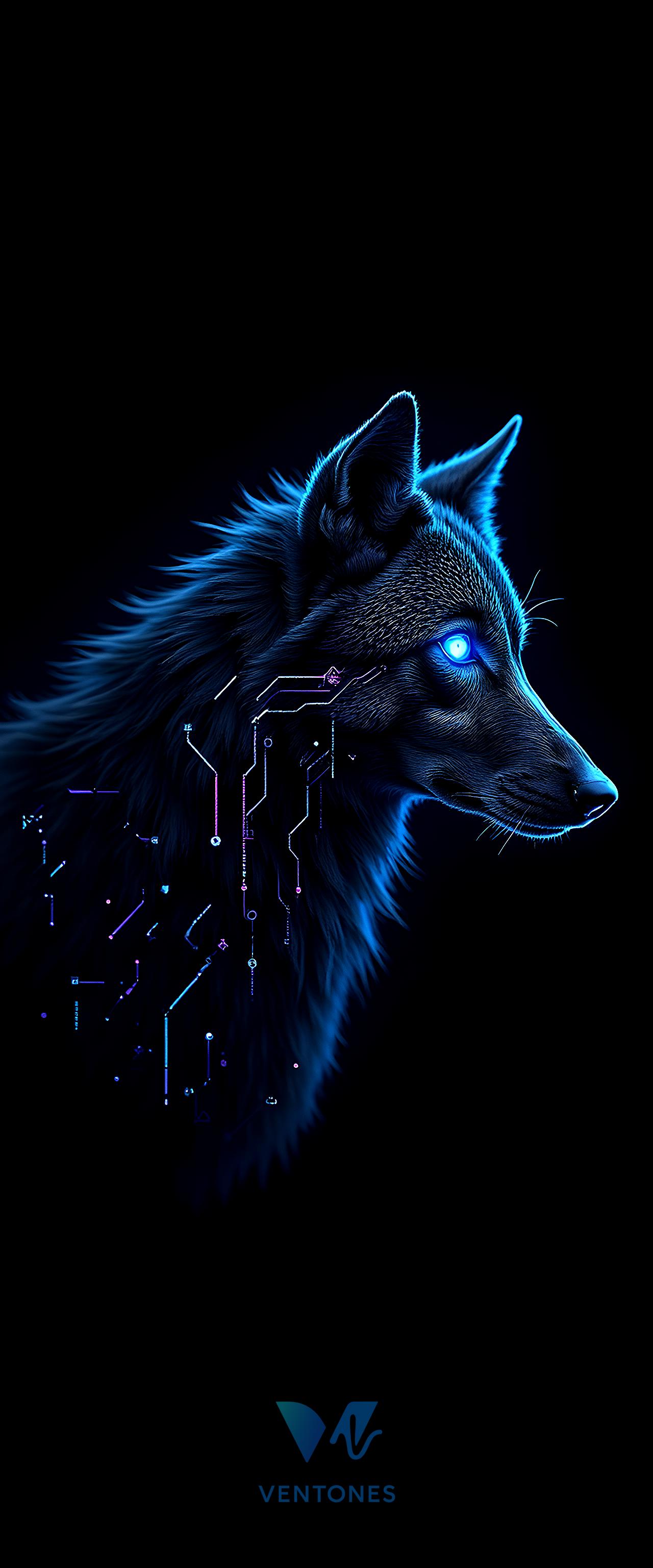 Cybernetic Wolf Digital Art Blue Neon Gaming Wallpaper - AI Generated Wallpaper
