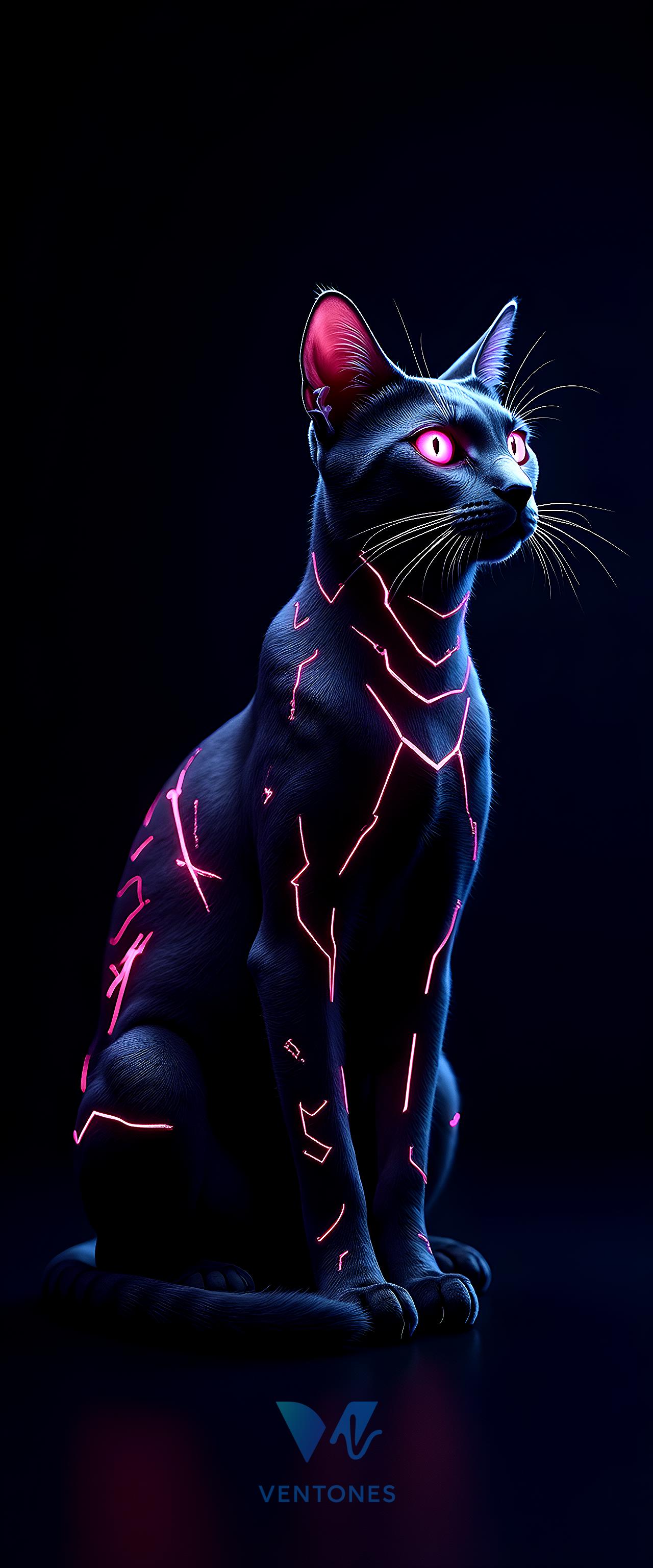 Neon Cyberpunk Cat with Glowing Pink Eyes Dark Mobile Wallpaper - AI Generated Wallpaper