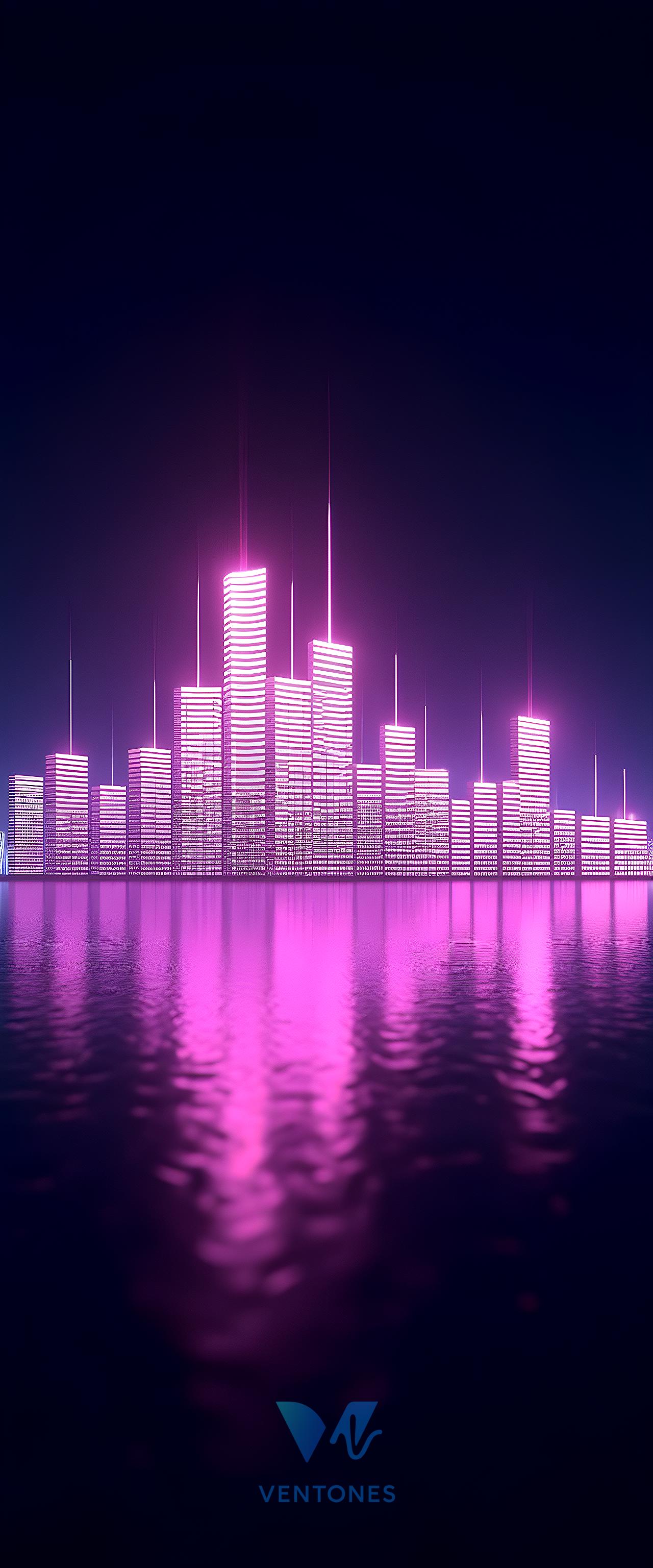 Neon Purple Cyberpunk City Skyline Reflection Mobile Wallpaper - AI Generated Wallpaper