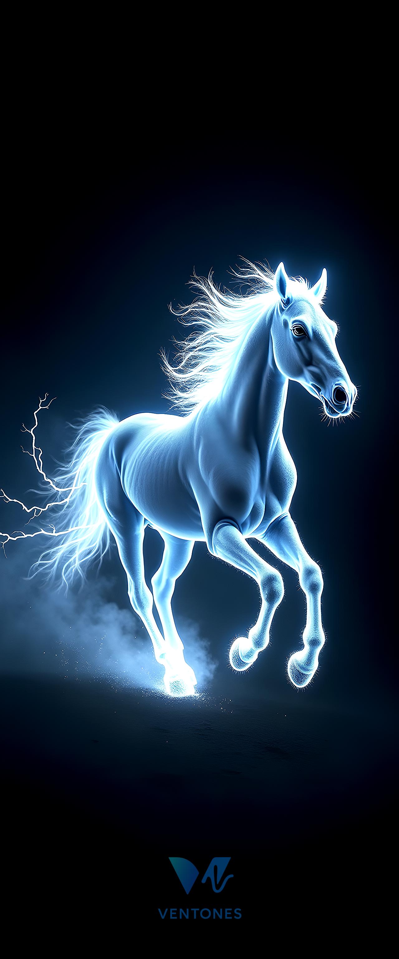 Electric Blue Lightning Horse Galloping in Mystical Storm - AI Generated Wallpaper